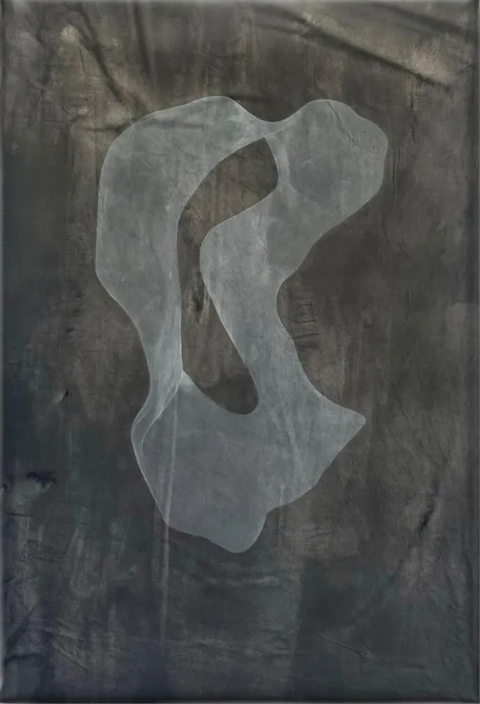 Forma orgánica blanca translúcida sobre fondo gris oscuro